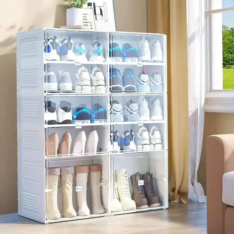 

Shoe Storage Organizer, Installation-Free Shoe Box with Transparent Doors, 2-10 Grid Stackable Shoe Cabinet to Hold 2-20 Pairs o
