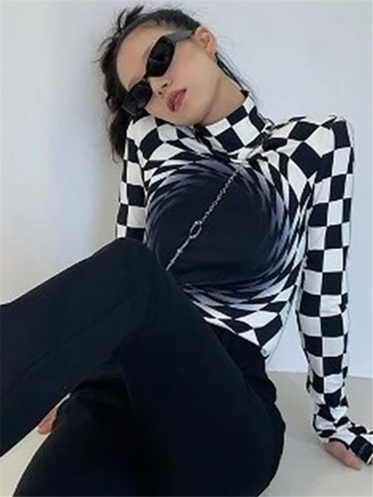 Женская клетчатая водолазка Shestyle базовая футболка в шахматную клетку с высоким