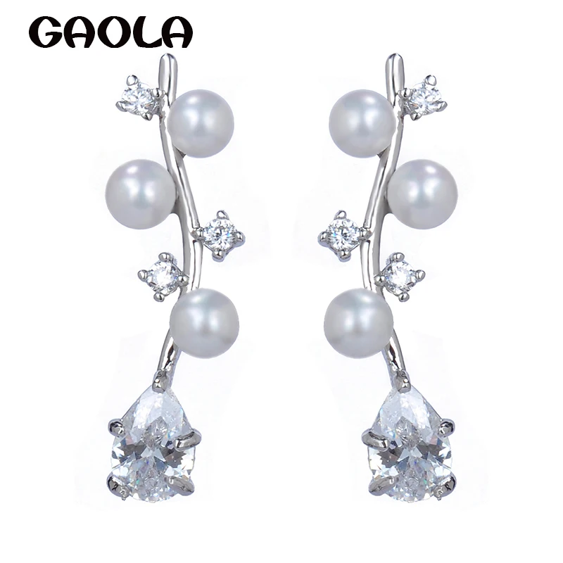 

GAOLA 2016 Hot sale Imitation Pearl twigs shape Silver Color AAA CZ Crystal stud Earrings/fashion earrings GLE4766
