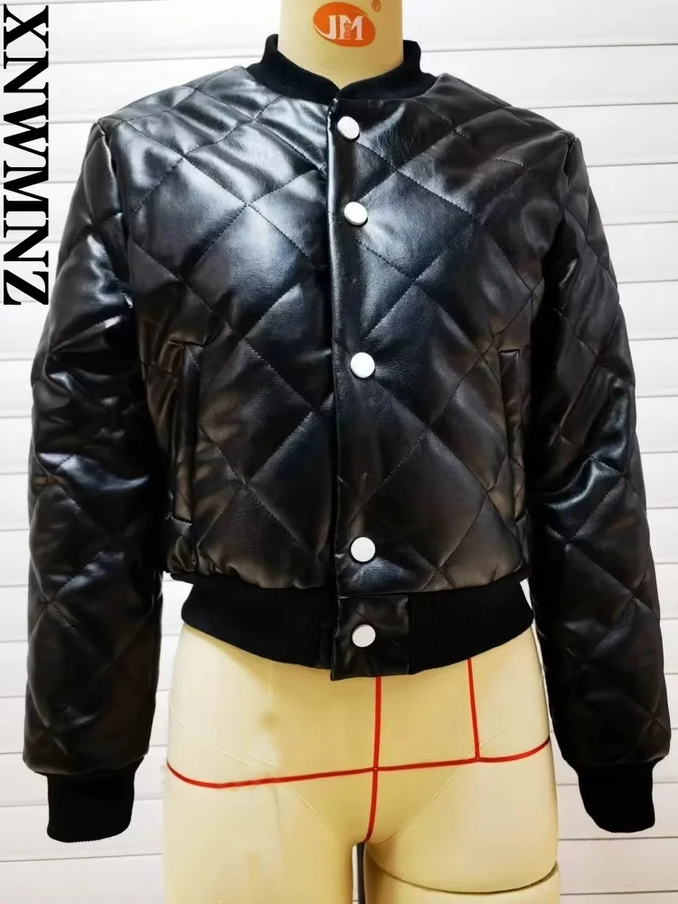 XNWMNZ 2022 Women Fashion Black PU Faux Leather Cotton Jacket Woman Casual Diamond Padded Jacket Female Slim Fit Warm Coat