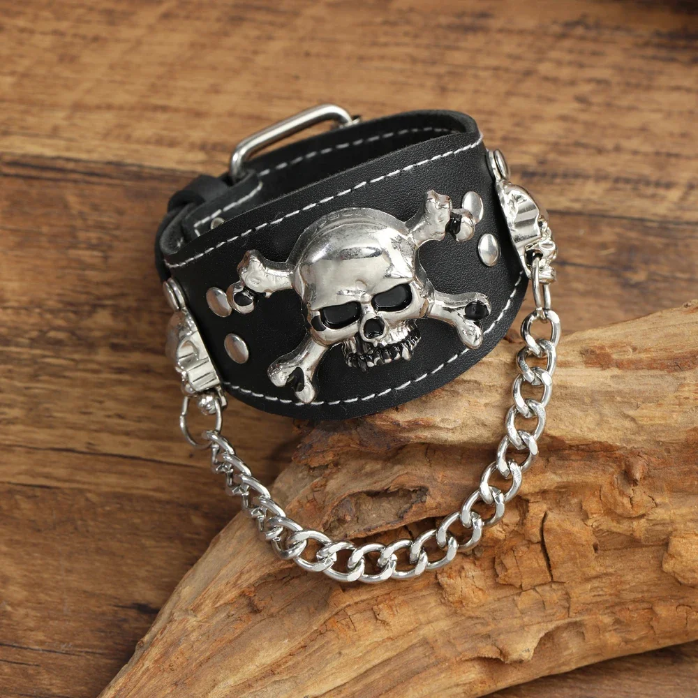 

2024 Charm Jewelry Handmade Weave Genuine Leather Skull Bracelet Men Vintage Cuff Wide Leather Rivet Bracelet Pulsera Hombre