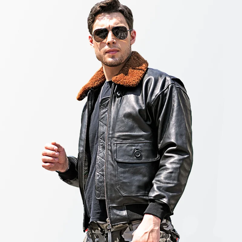 

Black Spring Men's G1 Pilot Jacket Europe Size Military Style Natural Sheepskin Autumn Aviation Genuine Leather Coats