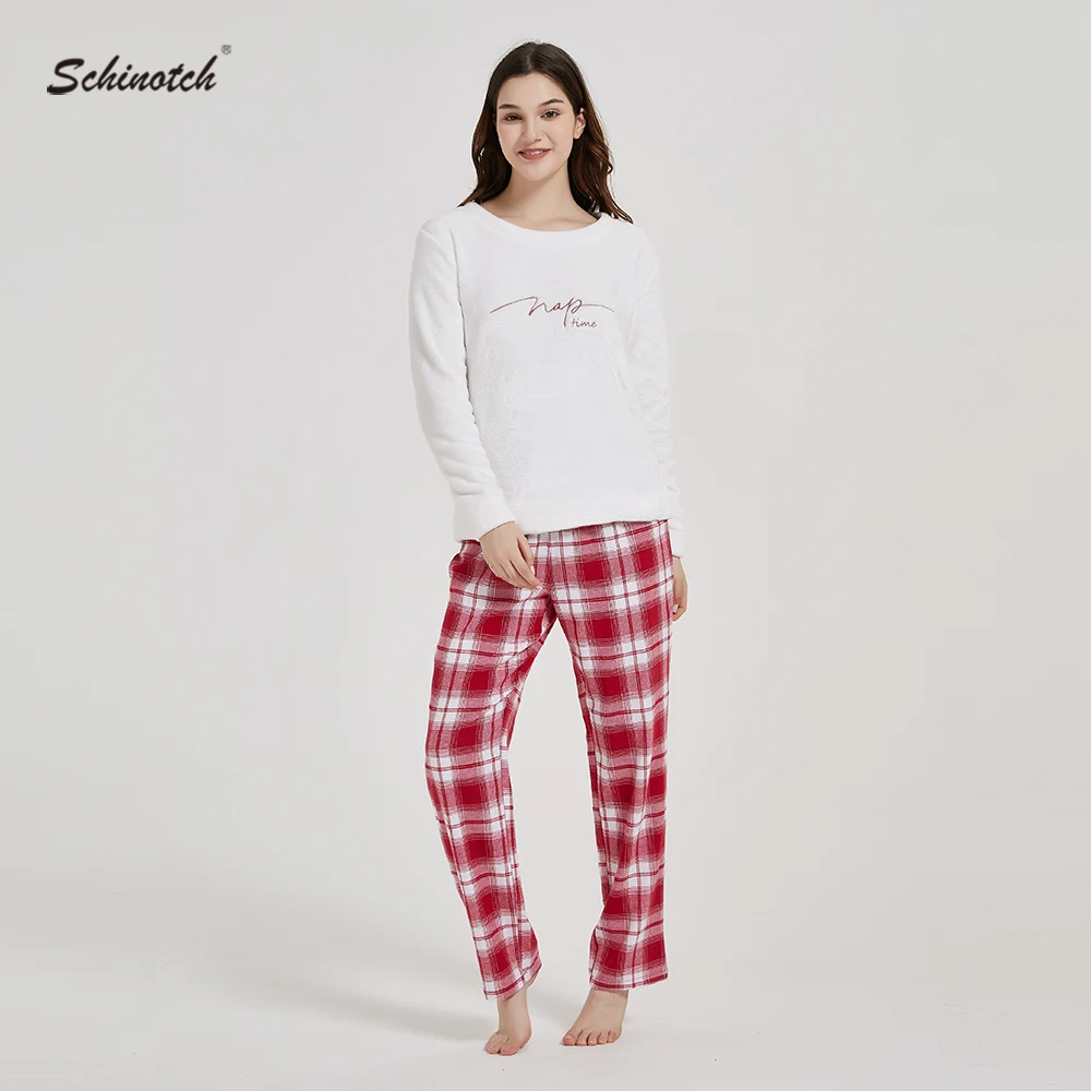 Women Pajamas Set Autumn Winter Warm Coral Fleece Top and Plaid Cotton Brushed Pants Nightwear Loungewear Ladies Sleeping Pants