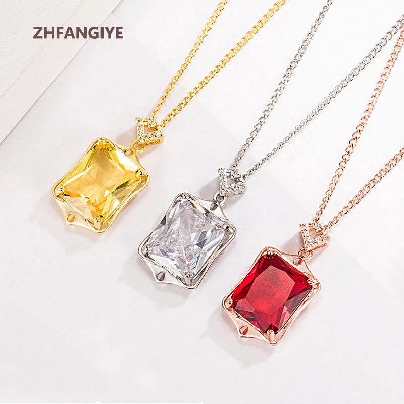 

ZHFANGIYE Women Necklace 925 Silver Jewelry with Zircon Gemstone Rectangle Shape Pendant Wedding Party Gift Bridal Accessories