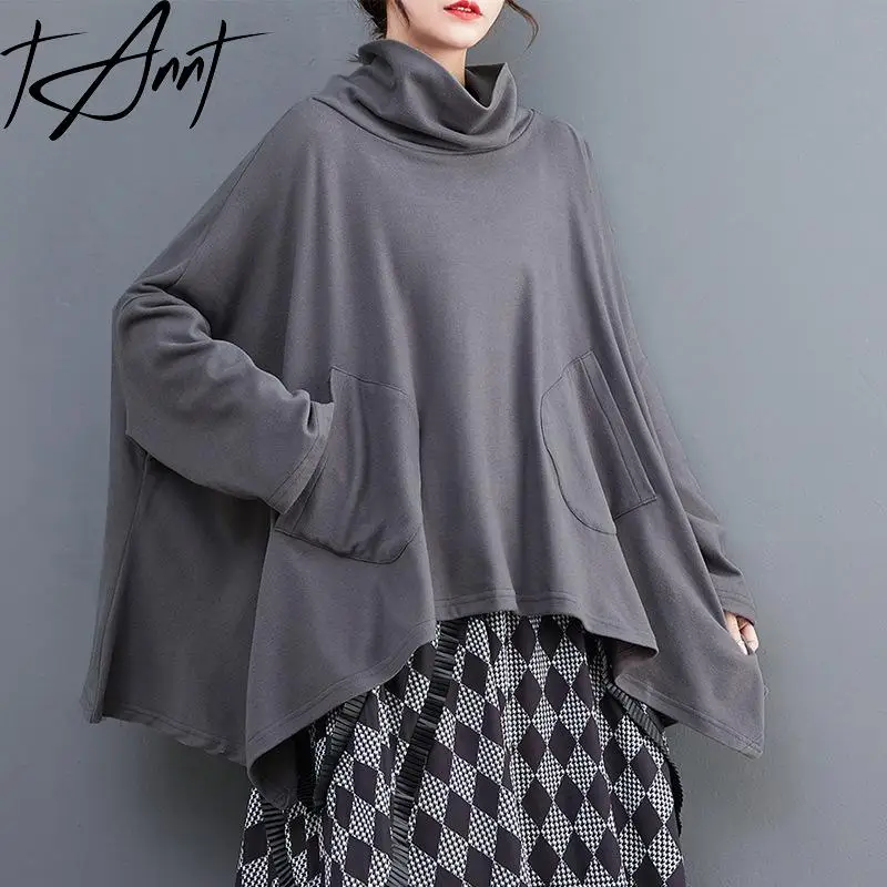 

Tannt Women Hoodies Asymmetry Batwing Sleeve Turtleneck Pullovers Sweater Coats Gray Black Fashion Oversize Hoodies Sweater 2023