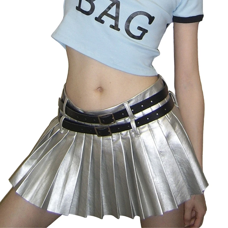 

90s Vintage Preppy Harajuku Mini Skirt Chic Women Y2K Retro Grunge Pleated Skirt Shiny Silver High Waist A-line Skirt Streetwear