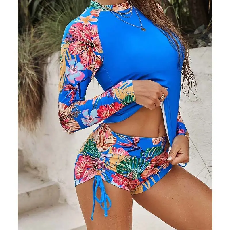 Long Sleeve Two Pieces Surfing Swimsuit Women 2023 New Floral Drawstring Swimwear Female Rash Guards Swim Beachwear Bathing Suit