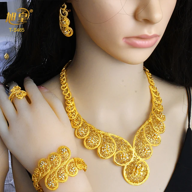 XUHUANG Dubai Luxury Plated Gold Necklace Bracelet Jewelry Set For Women Arab African Wedding Banquet Gifts With Plush Gift Box 5