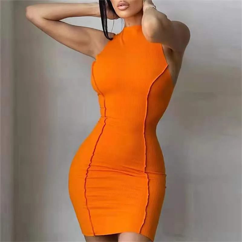 

Fashion Solid O-Neck Women Dress European Slim Sleeveless Summer Dress Package Hips Mini Sexy Nightclub Sheath Vestidos Female