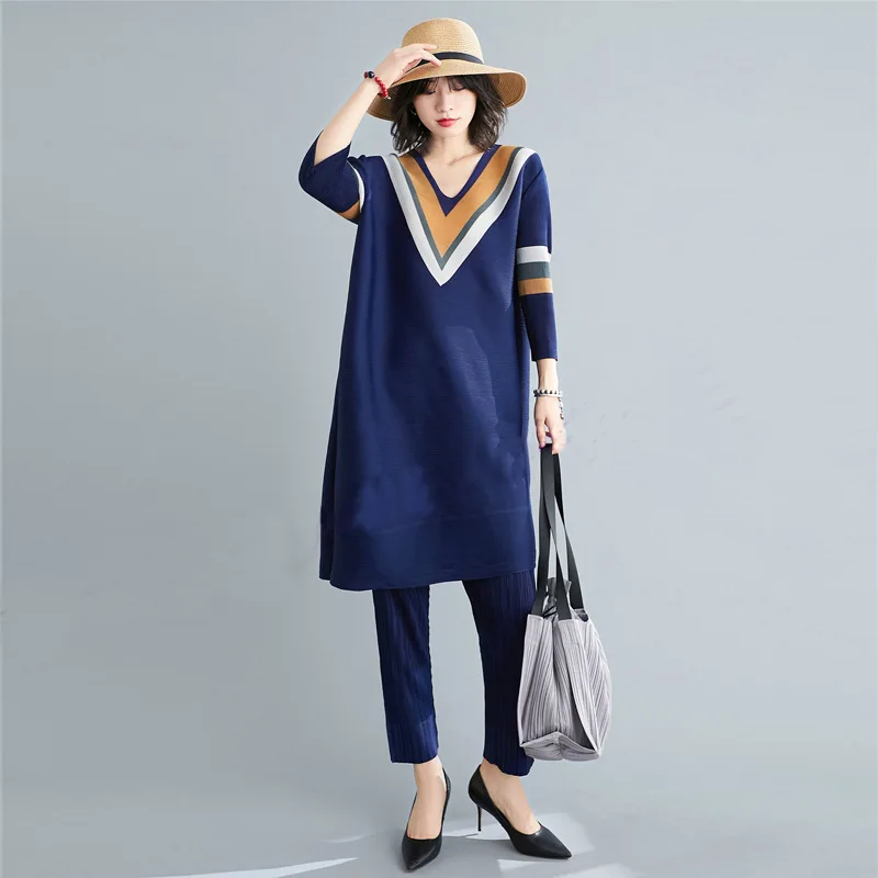 

Женское плиссированное платье миаке, Повседневное платье с V-образным вырезом в морском стиле на весну, 2022