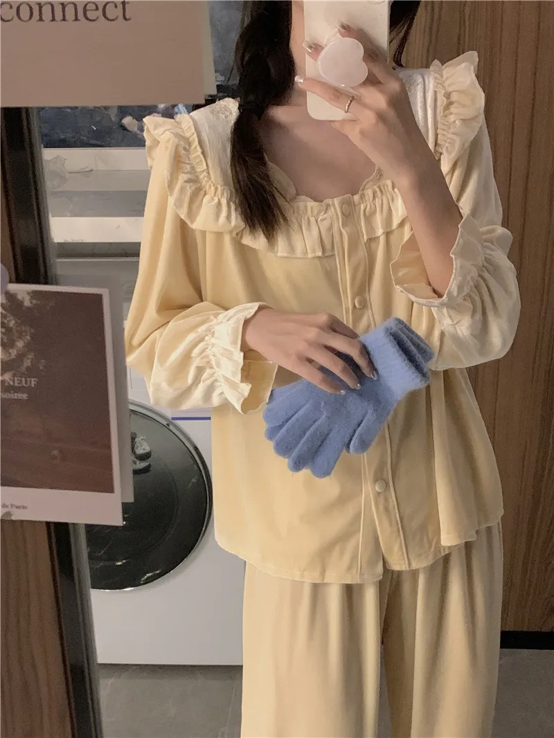 

Новый комплект пижам из кораллового флиса с вышивкой ночное белье с оборками Женская милая Стильная верхняя одежда принцессы Повседневная ...