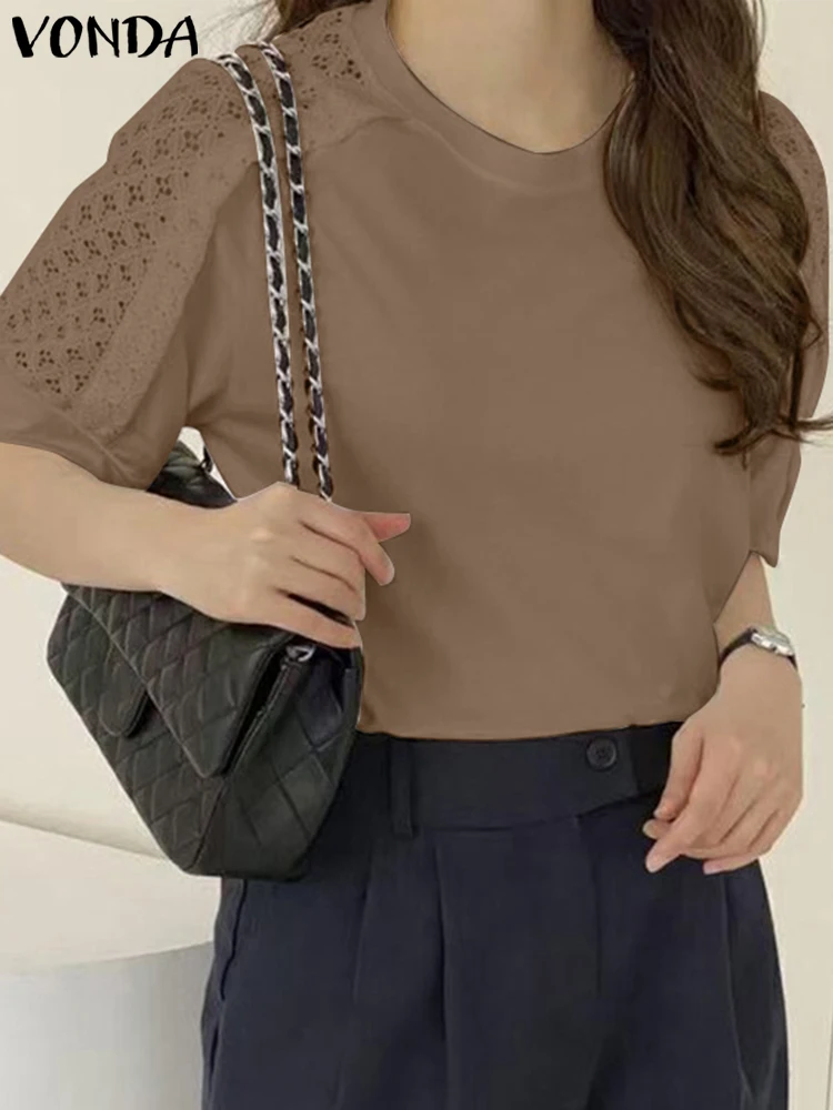 

VONDA Elegant Blouse Women 2023 Vintage Solid Color Short Sleeve Bohemain Tops Fashion Round Neck Elegant Shirts Femme Baggy