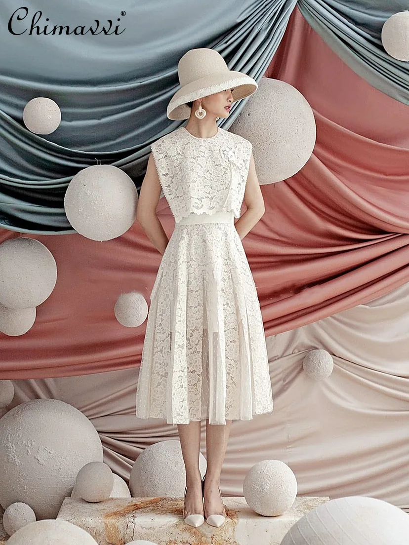 

2022 Summer Dresses New Fashion Lace Mesh Shawl Collar Feminine Dress High Waist Slimming Temperament Mid-Length Women's Dress