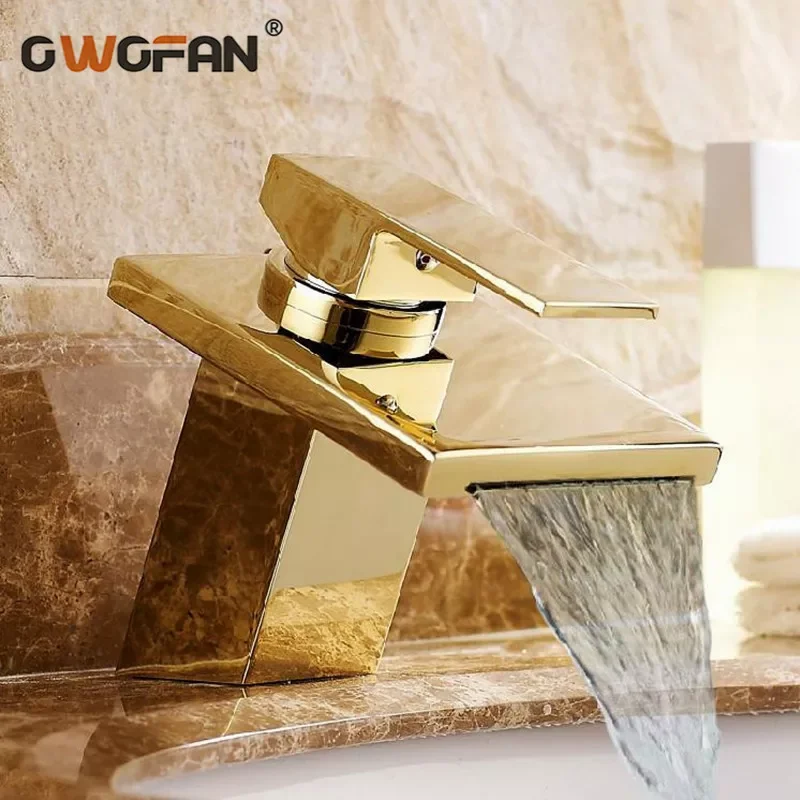 

Luxury Bathroom Waterfall Square Basin Faucet Deck Mounted Crane Solid Brass Gold plating Hot and Cold Mixer Sink Tap LT-501-1