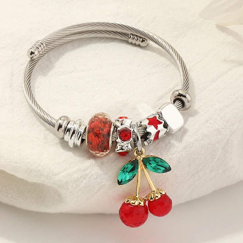 

Red Crystal Cherry Pendant Pulseras For Women Star Glass Beads Open Stainless Steel Cuff Bracelets & Bangles Men Fashion Jewelry