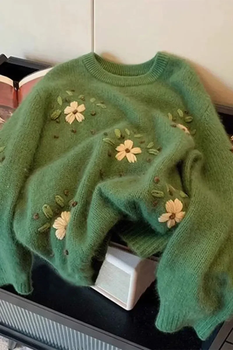 Kimotimo плюшевый свитер с зелеными цветами и вышивкой 2024 осень-зима женский новый