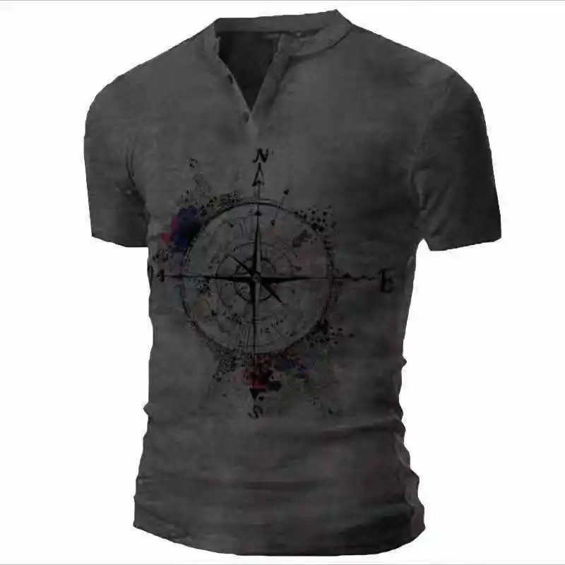 

2023 Summer New Men's 3d Compass Print T-shirt Men's Casual Retro V-neck T-shirt Hot Sell Men's Wear