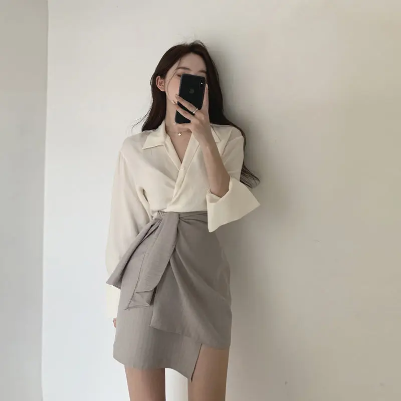 

Women Spring Fall Clothes Two Piece Set New Fashion Outfits Shirt+High Waist A-line Irregular Skirt Korean Fashion Suits G225