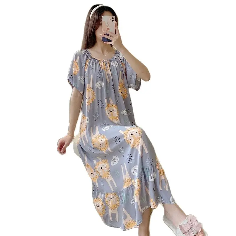 

2022 New Women Nightgown Rayon Cotton Loose Long Nightdress Floral Printed Flowers Short Sleeve Summer Homewear Dress