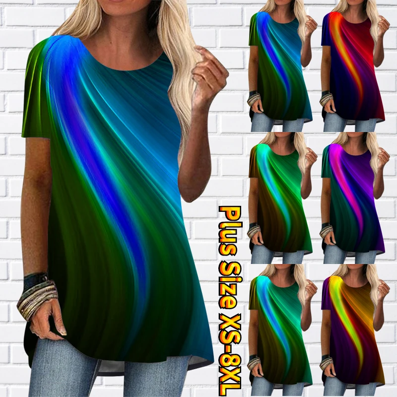 

2022 New Fashion Casual and Simple Wind T-shirt Summer Lady Abstract Print Short Sleeve Round Collar Loose Size Tops Pullover