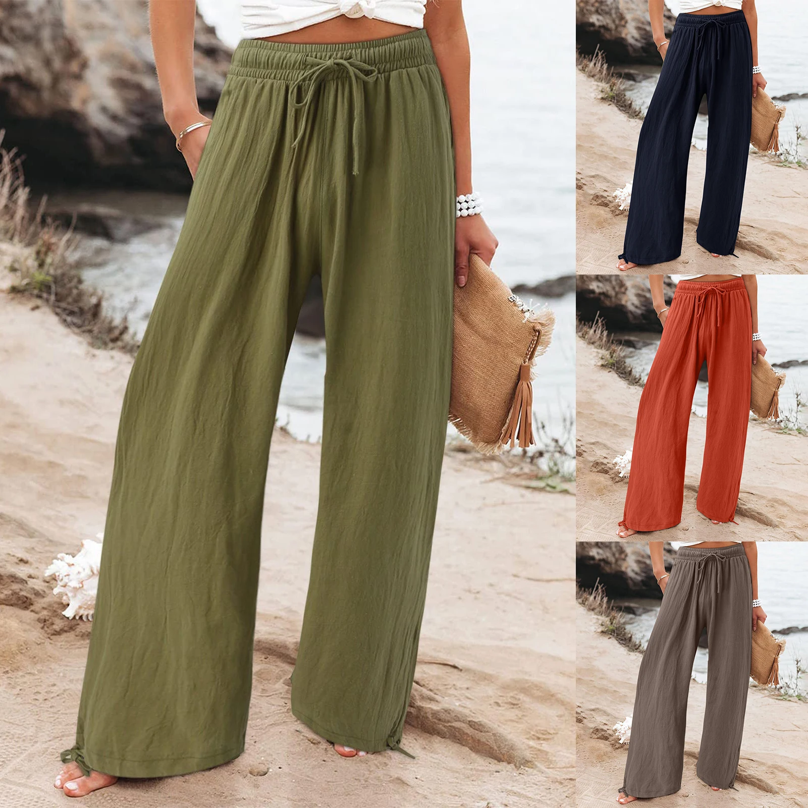 Summer Beach Pants Women Cotton Linen Ladies Pants with Pockets High Waisted Solid Color Tie Up Boho Style  Casual Trousers 2023