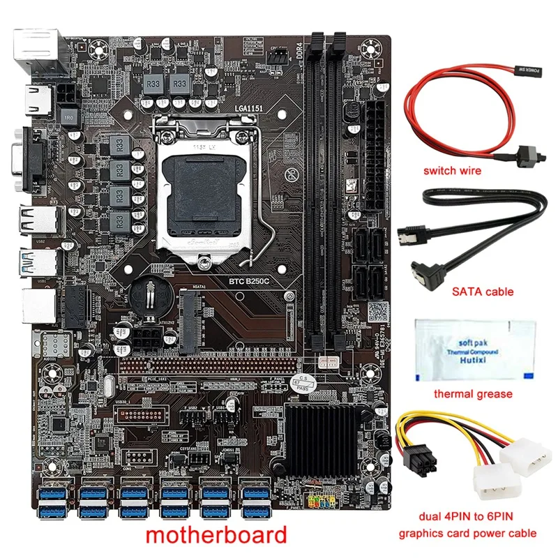 

12 Card B250C BTC Mining Motherboard+Power Cable+SATA/Switch Cable+Thermal Grease 12 USB3.0(PCIE) LGA1151 DDR4 MSATA