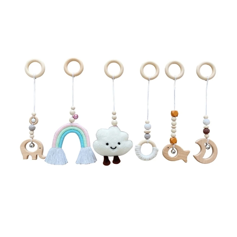 

6Pcs/set Baby Hanging Rattle Toy Babys Gym Game Pendants Wood Rattle Teether Chewable Sensory Nursery