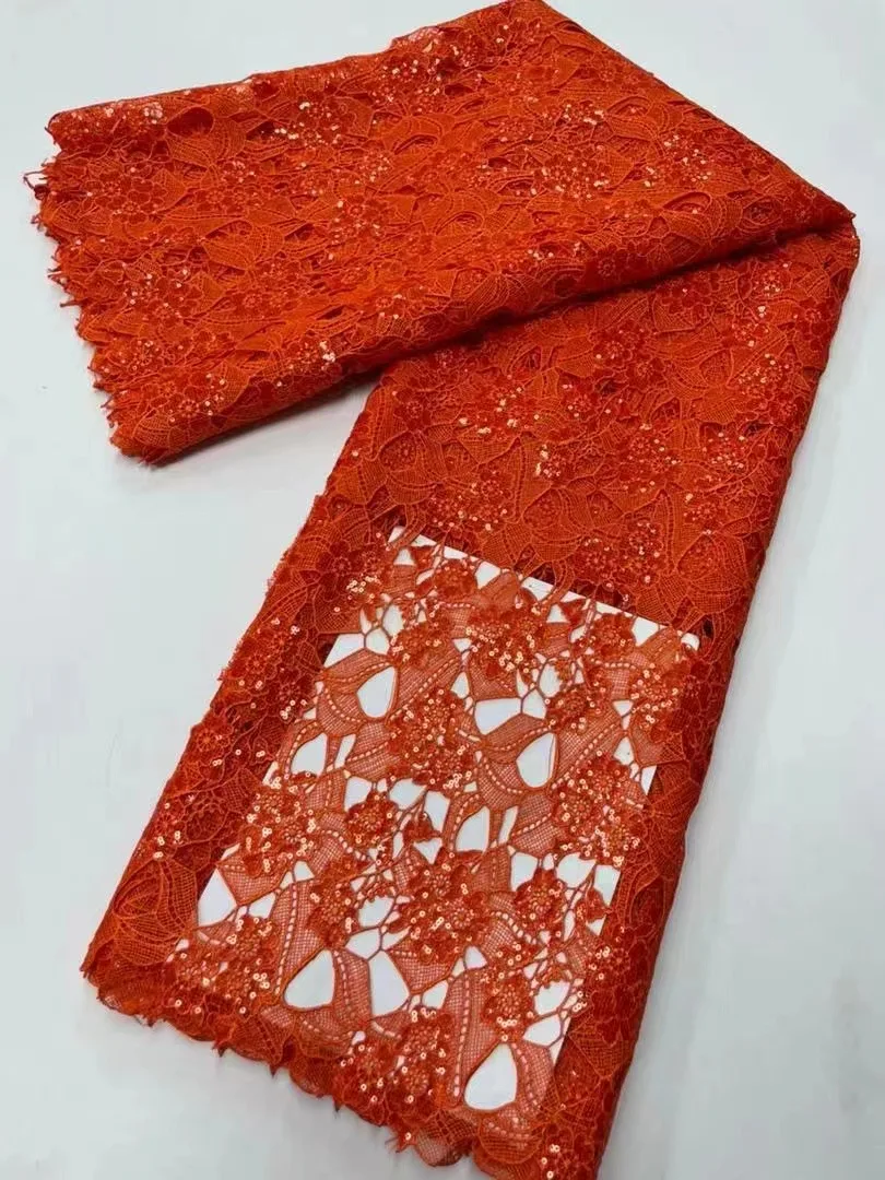

African Latest Design Orange Milk Silk Sequins Lace Fabric Nigerian 2022 High Quality Mesh Lace Fabric For Evening Dress Sew