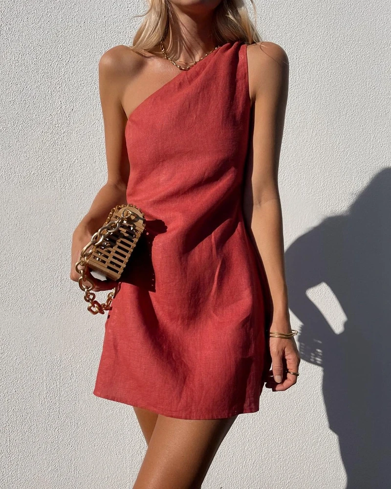 

Женское хлопково-льняное платье на одно плечо, повседневное свободное удобное мини-платье без рукавов для отдыха и улицы, лето 2023