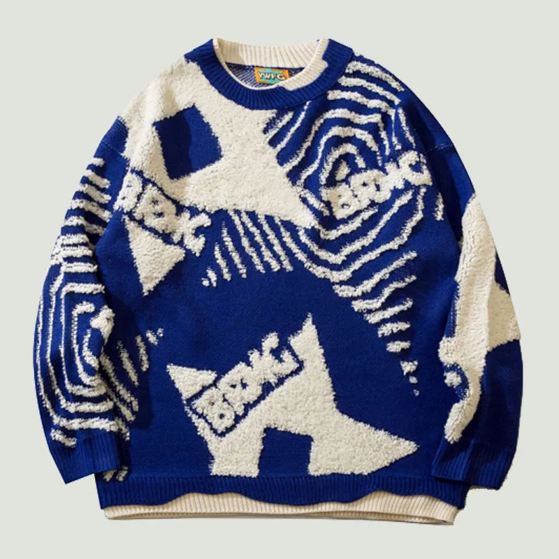 

Vintage Oversized Knitted Sweaters Mens Harajuku Letter Stars Graffiti Jumpers Winter Hip Hop Casual Loose Ugly Pullover Couples
