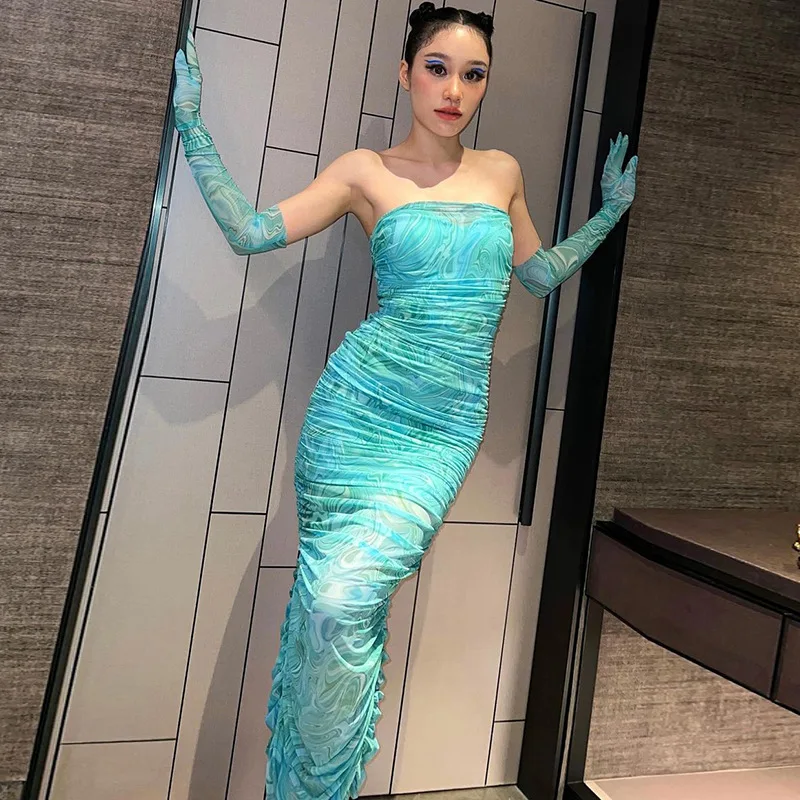 

Зеленое облегающее пикантное платье без бретелек с принтом для женщин, элегантные вечерние наряды средней длины, лето 2023