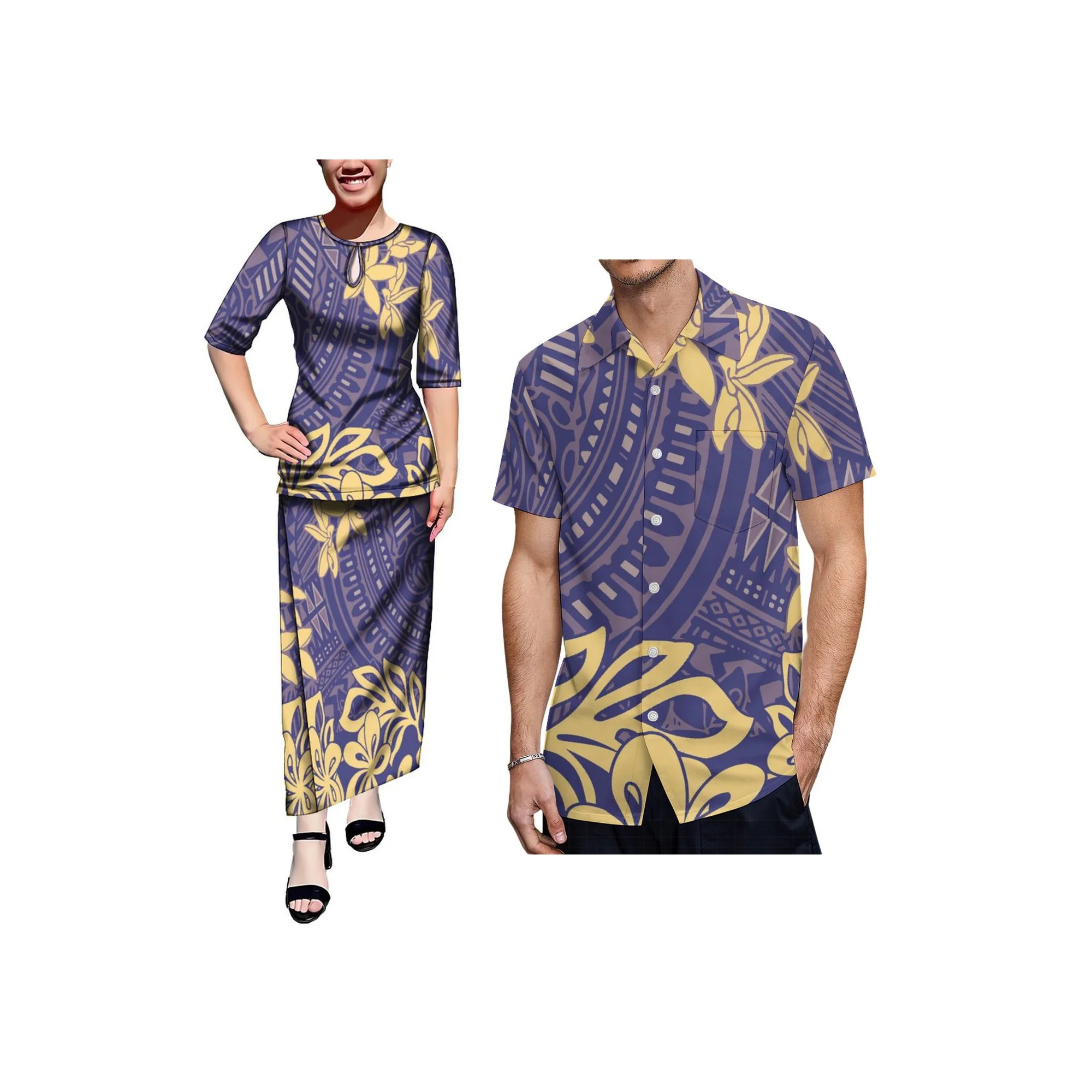 Фото New Water Drop Design Round Neck Casual Dress Custom Samoan Puletasi Dress Ladies Long Maxi 2 Piece Skirt Set Dress №1