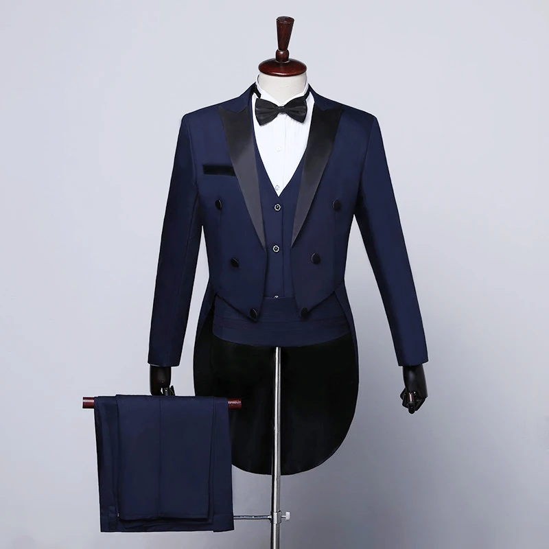 Tuxedo Tailcoat Men Formal Dress Suits Swallow Tail Coat Navy Blue Male Jacket Suits Party Wedding Dance Magic Performance Show