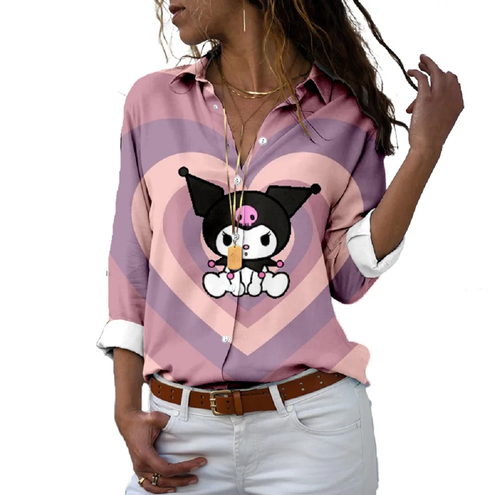 

Женская свободная рубашка с длинным рукавом Sanrio, Hello Kitty, Повседневная рубашка с 3D принтом, модный топ на пуговицах