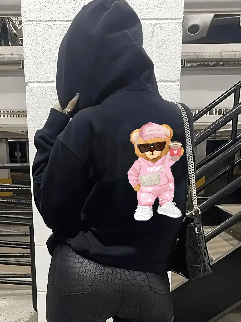 Однотонная толстовка с милым медведем на шнурке спортивная карманом кенгуру