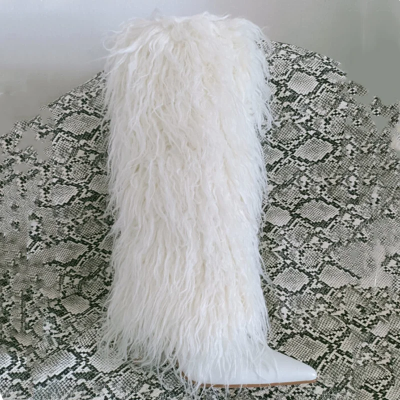 Winter Hot Fur Boots Women's Short Snow Boots Black White Stiletto Slip on Heels Shoes Booty Big Size 43