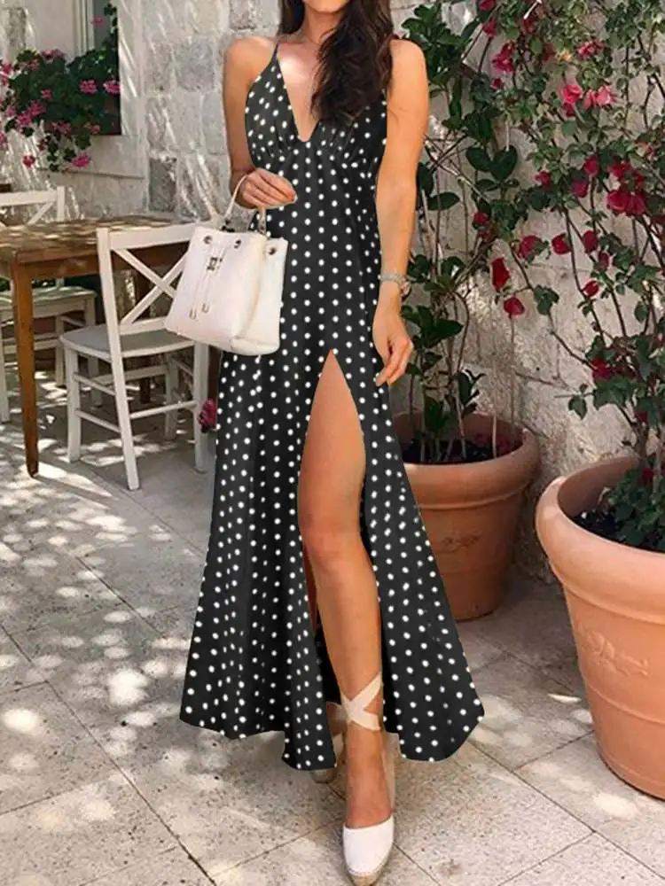 

Celmia Women Bohemian Long Vestidos Fashion Sexy V Neck Holiday Sleeveless Maxi Dress Side Slit Polka Dot Summer Beach Sundress