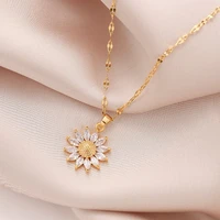 stainless steel sunflower pendant necklace for women zircon jewelry gifts