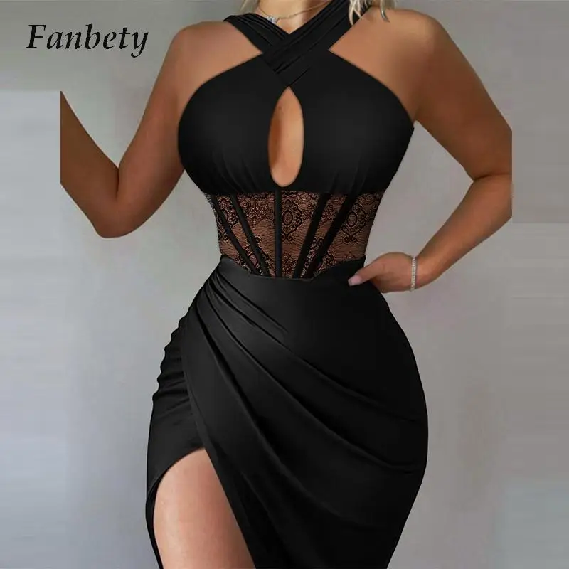 

Женское кружевное платье-корсет, элегантное облегающее мини-платье с вырезами и лямкой на шее, клубвечерние вечернее платье с разрезом