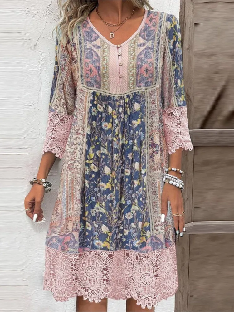 Женское весенне-летнее винтажное кружевное платье с принтом новая мода
