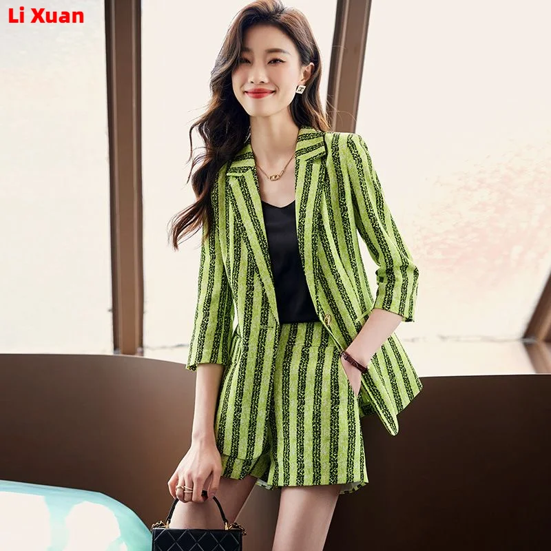 High Quality Korean Spring Suit Single Breasted Slim Print Casual Women Office Blazer Jackets Wide Leg  shorts Set Femme 2 Piece
