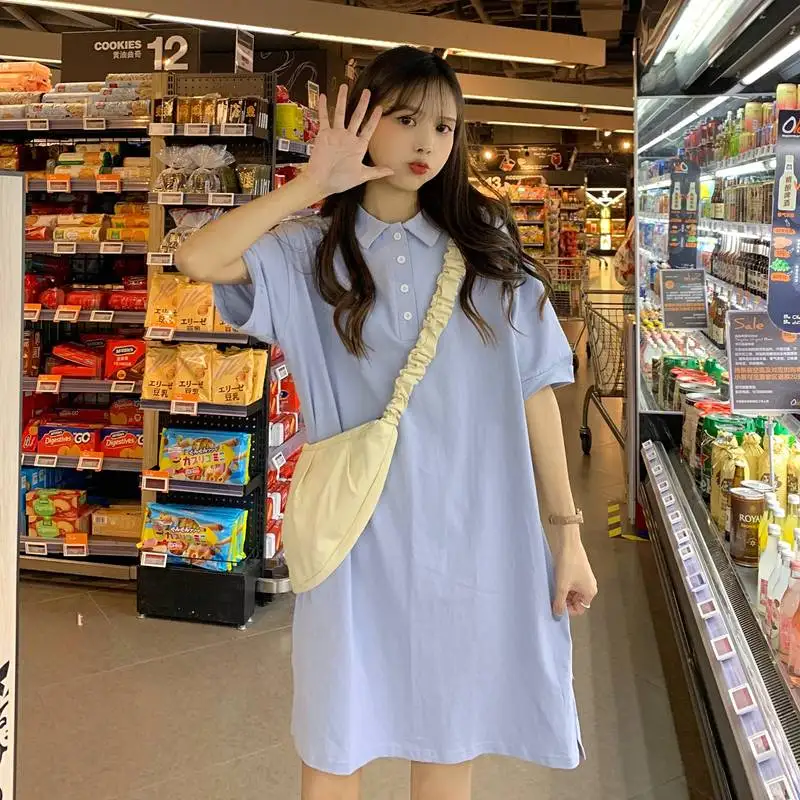 Blue short sleeve T-shirt dress women's summer 2021 new loose sweet temperament first love skirt