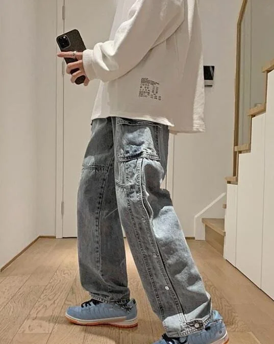 Jeans Men Breasted Trousers Split Jeans Men's Loose Straight High Street Retro Distressed Man Denim Pants