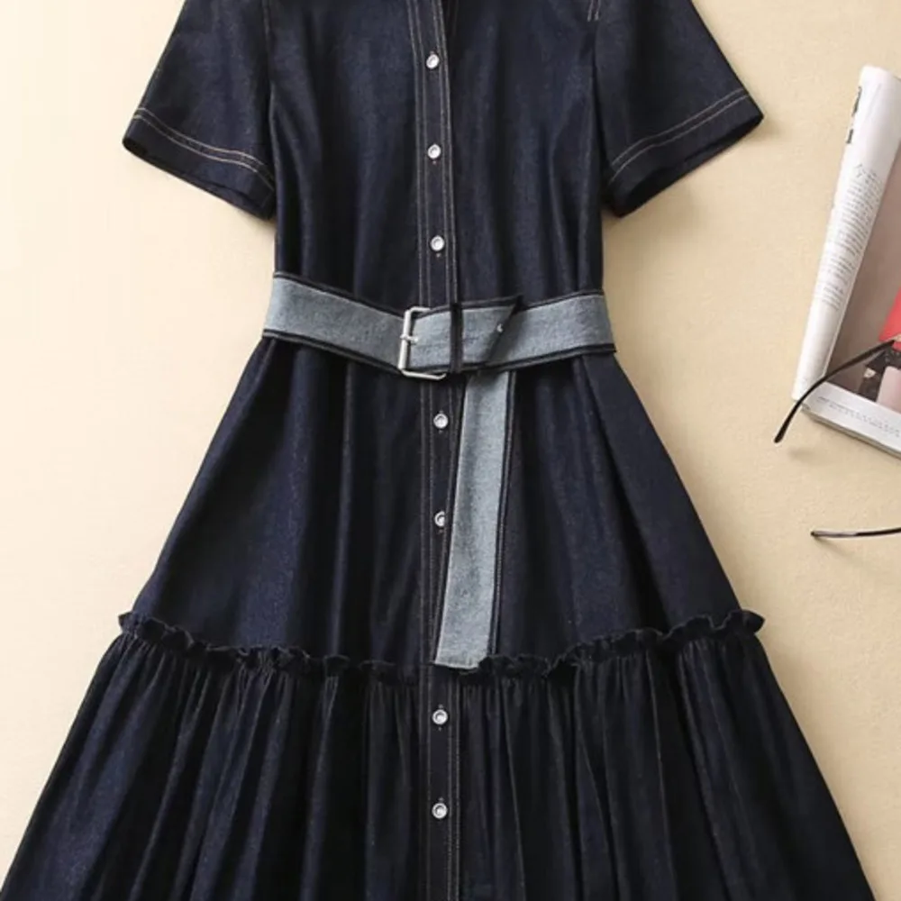 

Женское джинсовое платье с коротким рукавом, модельное повседневное винтажное платье миди из 2023 хлопка с синим поясом, весна-лето 100%