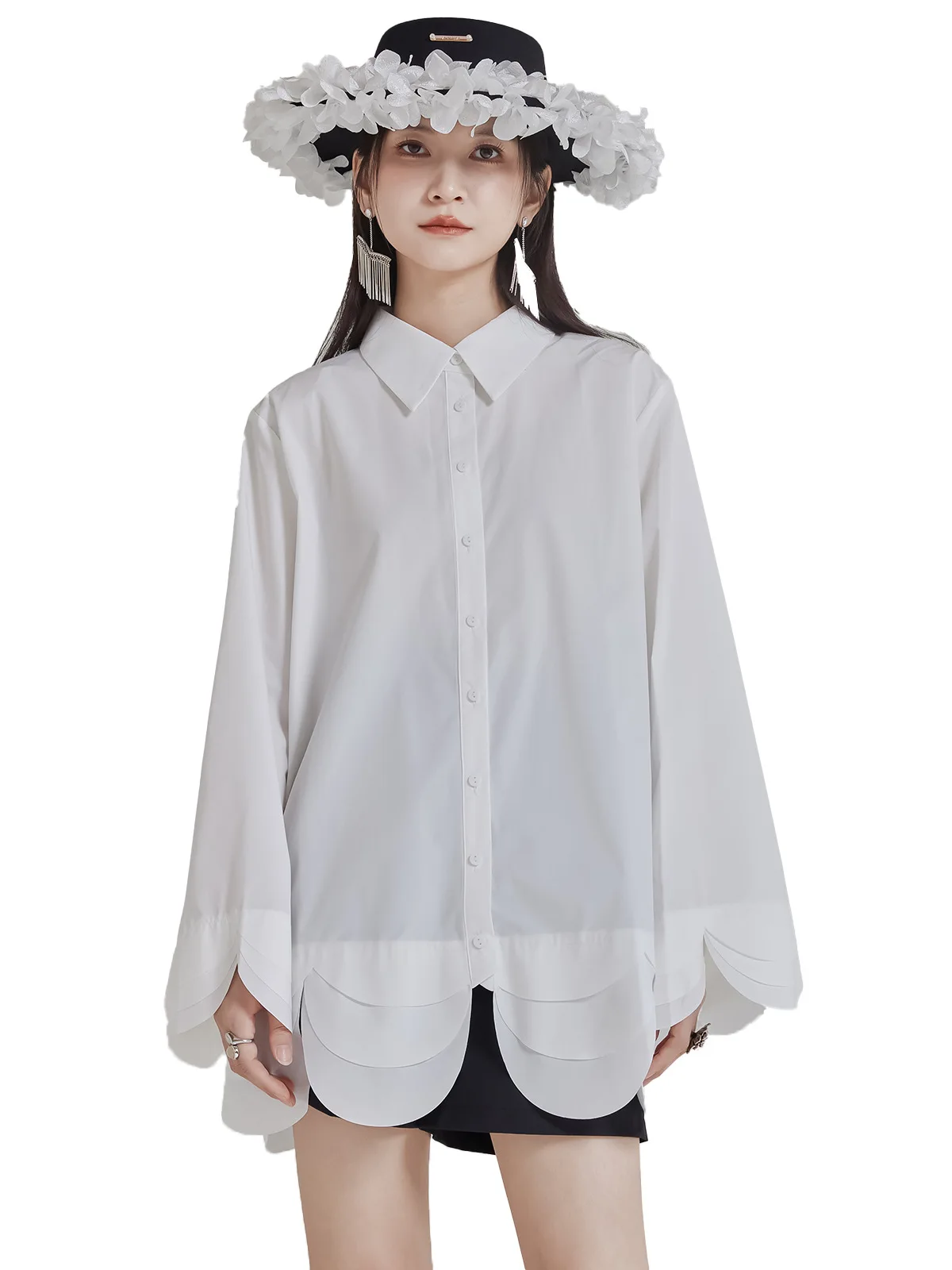 Женская рубашка с ультра-широким подолом и рукавами-лепестками украшение на