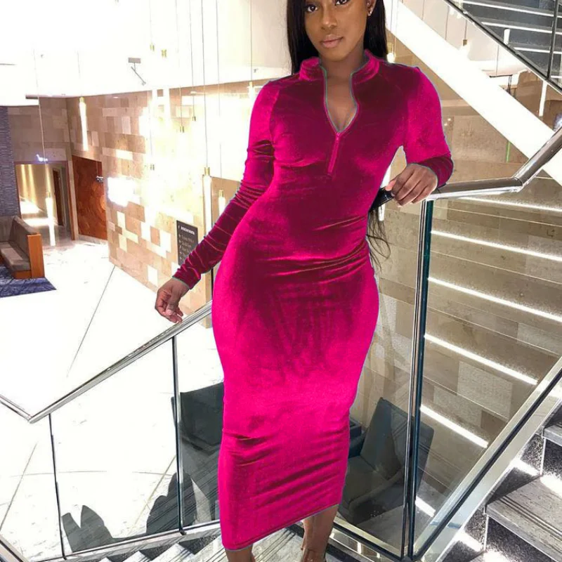 

Autumn Winter Velvet Sexy Dress Vintage Zipper V-Neck Solid Dresses For Women Party Elegant Bodycon Vestidos Femme Robe Hiver