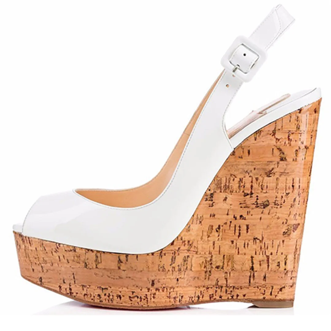 

Shiny White Patent Leather Peep Toe Women Slingback Cork Wedge Heeled Pumps Ladies Platform Wedding Shoes Skyhigh Heels