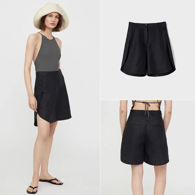 

TOTEM*E PANTS black casual hem high-rise Lyocell linen-blend side split hem shorts women's commuter style