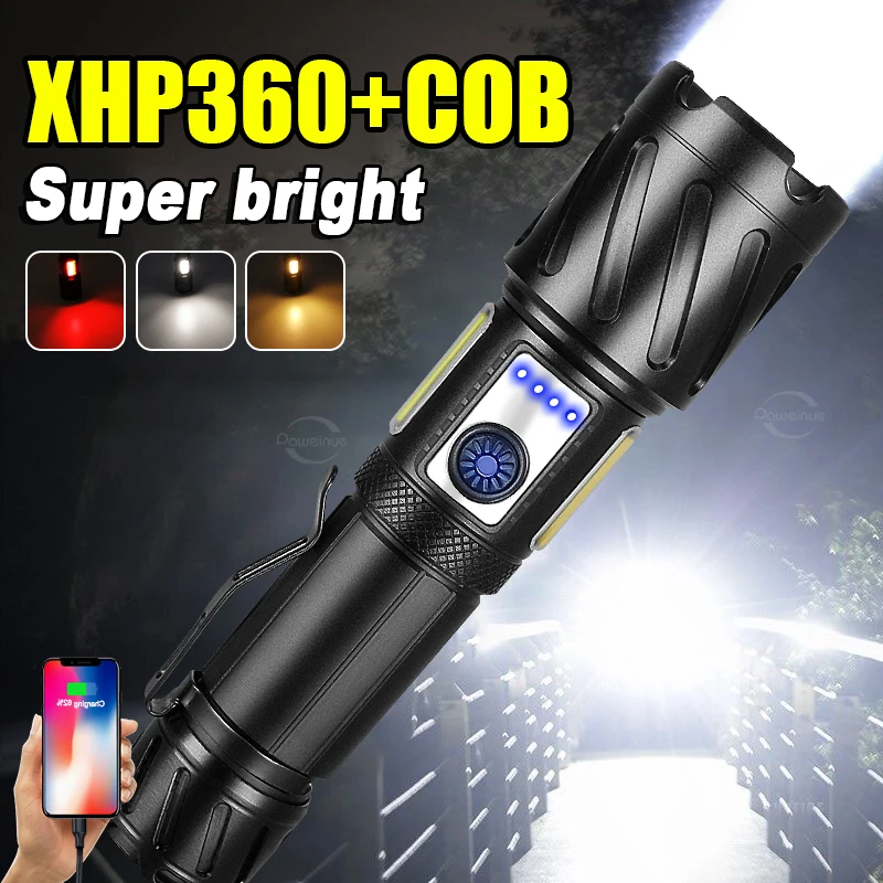 

Ultra Powerful FlashlightXHP360+COB Zoomable Lantern Rechargeable Waterproof Handlamp Outdoor Tactical Torch For Camping Fishing