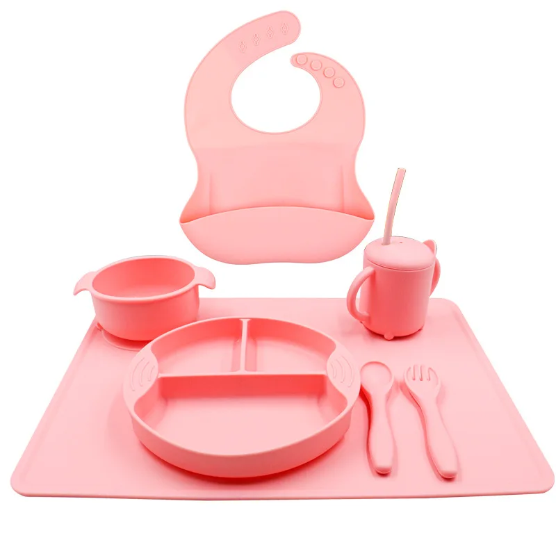 7pcs Baby Silicone Sucker Bowl Plate Cup Bibs Spoon Fork Placemat Sets Non-slip Tableware Kid Feeding Dishes BPA Free Dinnerware